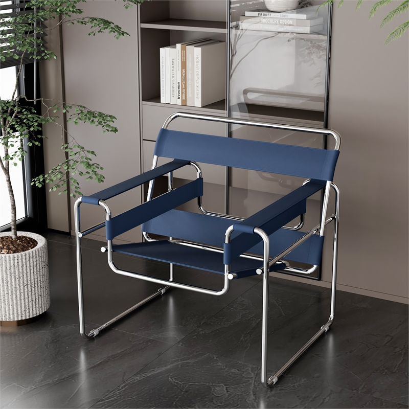 Saddle Leather Armchair Stainless Steel Frame Accent Chair - Blue
