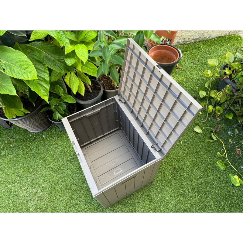 30-Gallon Weatherproof Outdoor Storage Box with Woodgrain Finish - Tan Resin