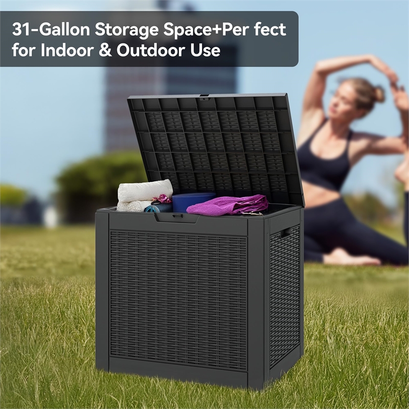 30-Gallon Weatherproof Outdoor Storage Box with Rattan Effect - Black Resin