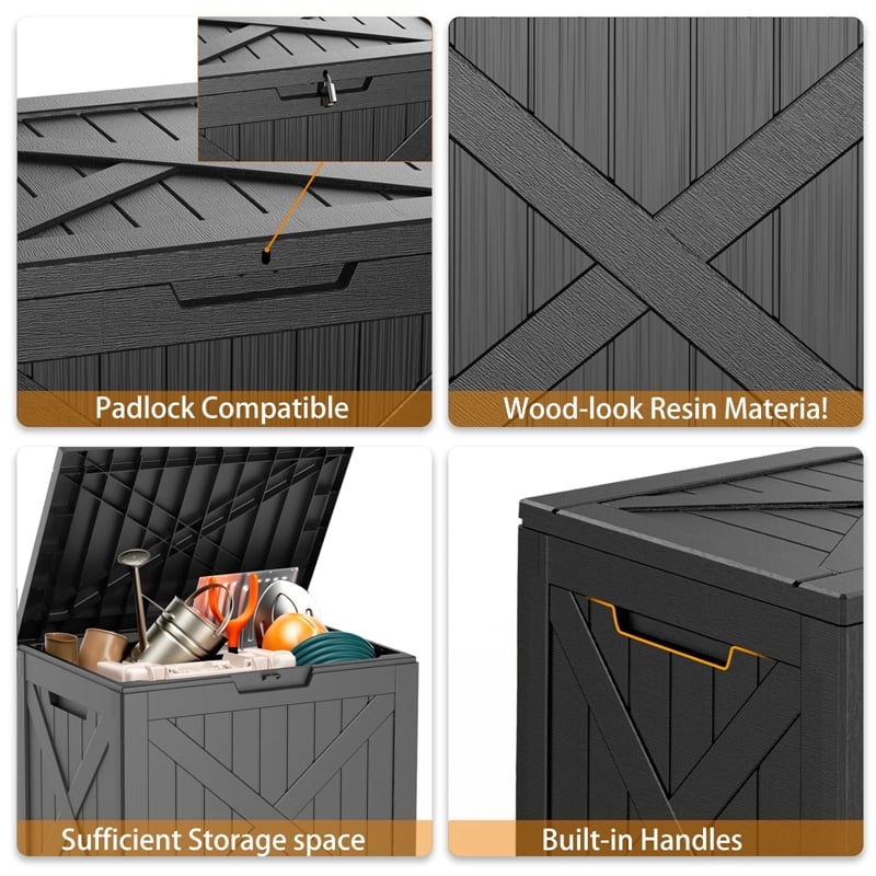 32-Gallon Weatherproof Outdoor Storage Box with Woodgrain Finish - Black Resin