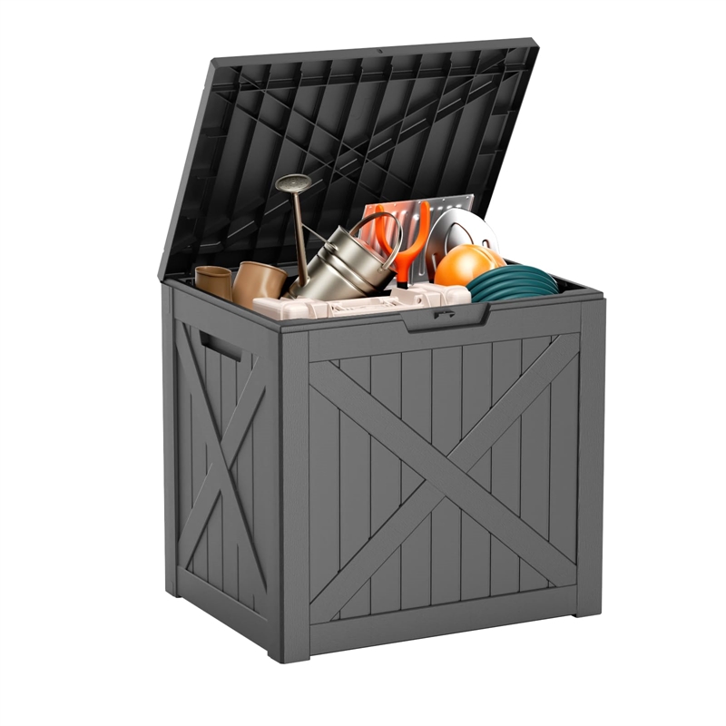 32-Gallon Weatherproof Outdoor Storage Box with Woodgrain Finish - Black Resin