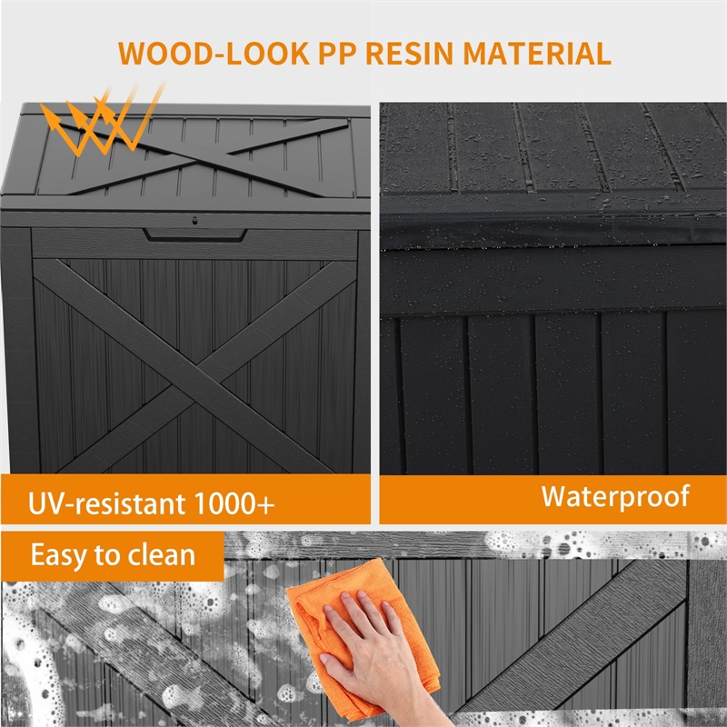 32-Gallon Weatherproof Outdoor Storage Box with Woodgrain Finish - Black Resin