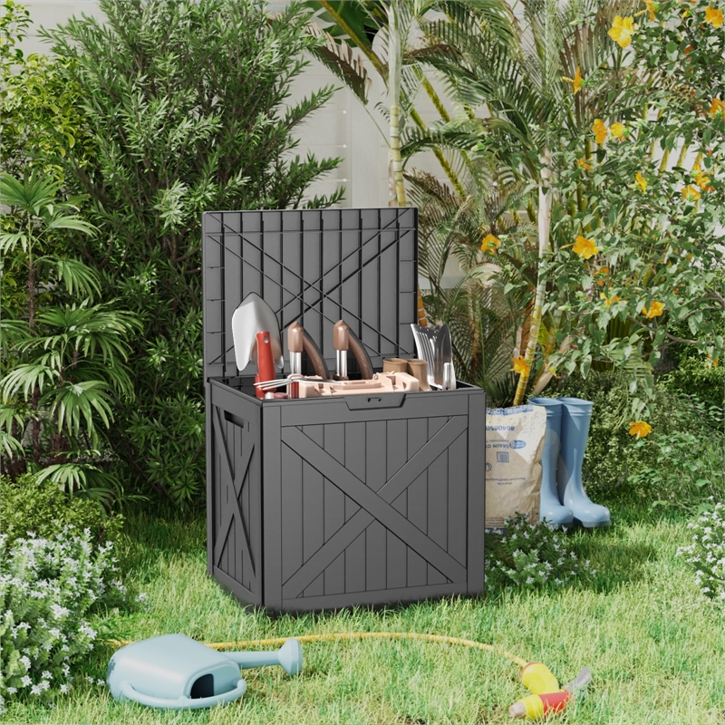 32-Gallon Weatherproof Outdoor Storage Box with Woodgrain Finish - Black Resin
