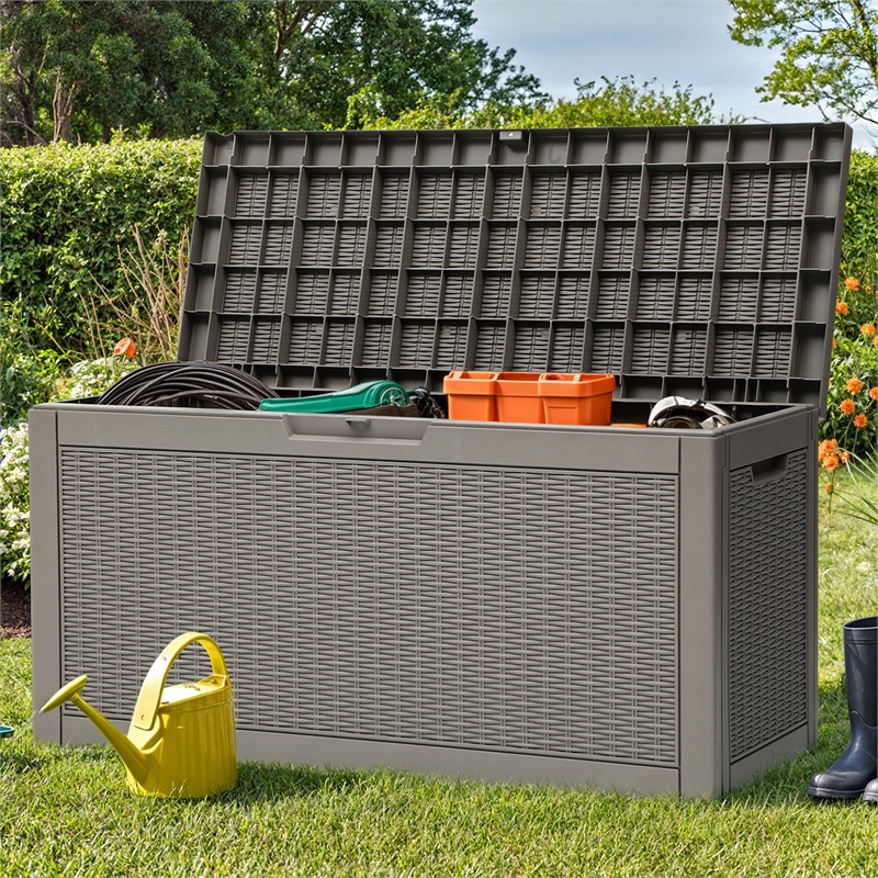 60-Gallon Weatherproof Outdoor Storage Box with Rattan Effect -light coffee