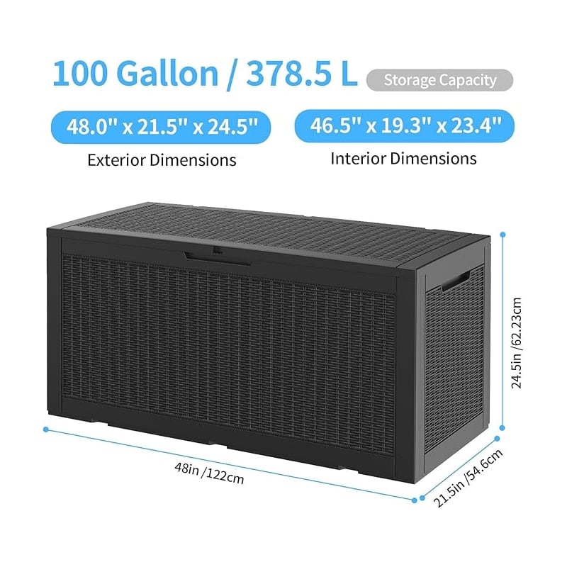 100-Gallon Outdoor Storage Box with Rattan Effect and Gas Spring - Black Resin