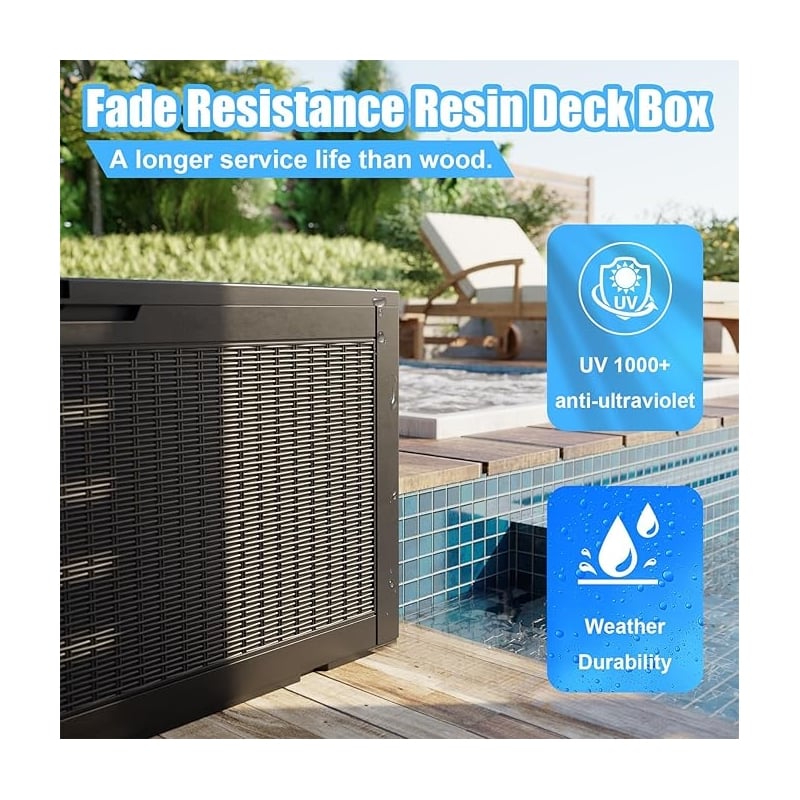 100-Gallon Outdoor Storage Box with Rattan Effect and Gas Spring - Black Resin