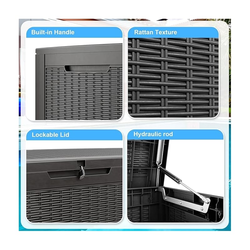 100-Gallon Outdoor Storage Box with Rattan Effect and Gas Spring - Black Resin