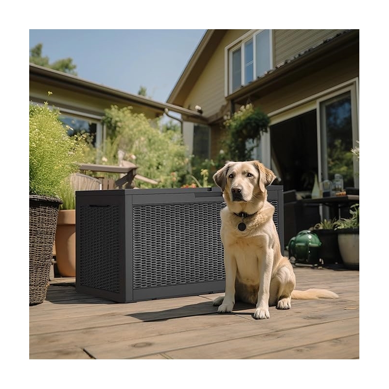 100-Gallon Outdoor Storage Box with Rattan Effect and Gas Spring