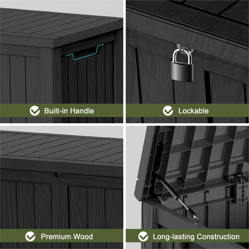120-Gallon Weatherproof Outdoor Storage Box with Woodgrain Finish - Black Resin