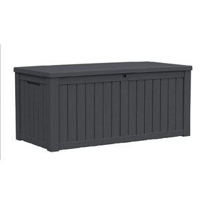 120-Gallon Weatherproof Outdoor Storage Box with Woodgrain Finish - Black Resin