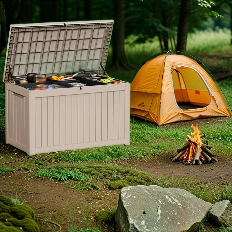 150-Gallon Weatherproof Outdoor Storage Box with Woodgrain Finish -light coffee