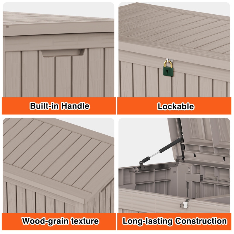 150-Gallon Weatherproof Outdoor Storage Box with Woodgrain Finish -light coffee