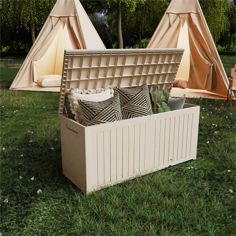 150-Gallon Weatherproof Outdoor Storage Box with Woodgrain Finish -light coffee