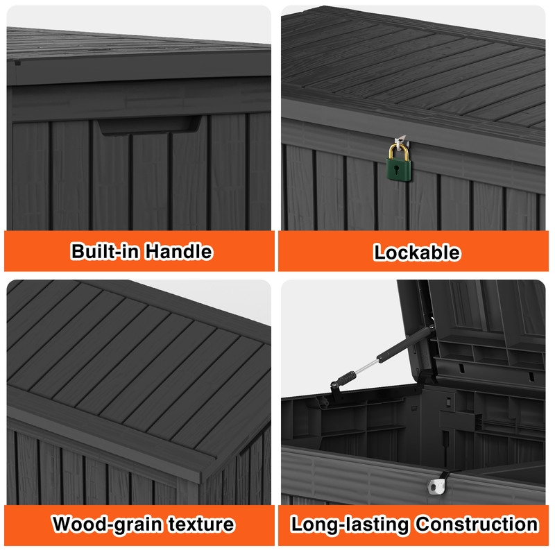 180-Gallon Weatherproof Outdoor Storage Box with Woodgrain Finish - Black Resin