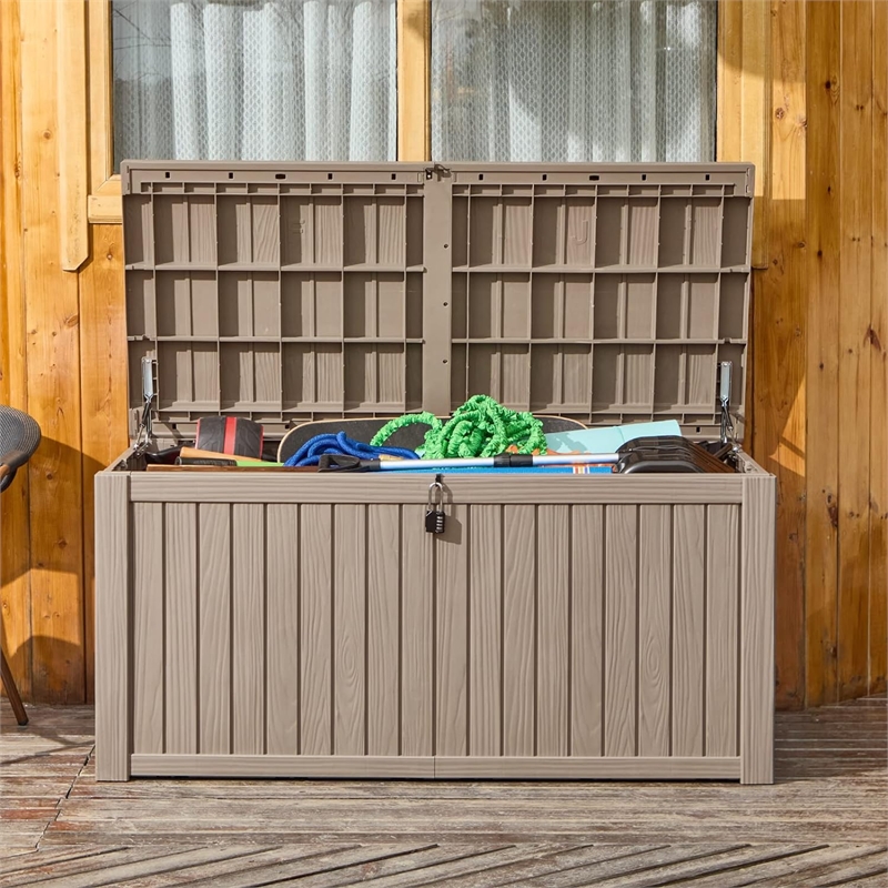 180-Gallon Weatherproof Outdoor Storage Box with Woodgrain Finish -light coffee