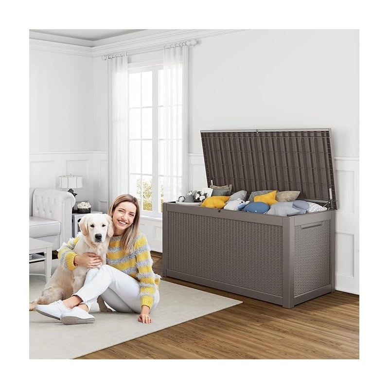 260-Gallon Outdoor Storage Box with Rattan Effect and Gas Spring-light coffee