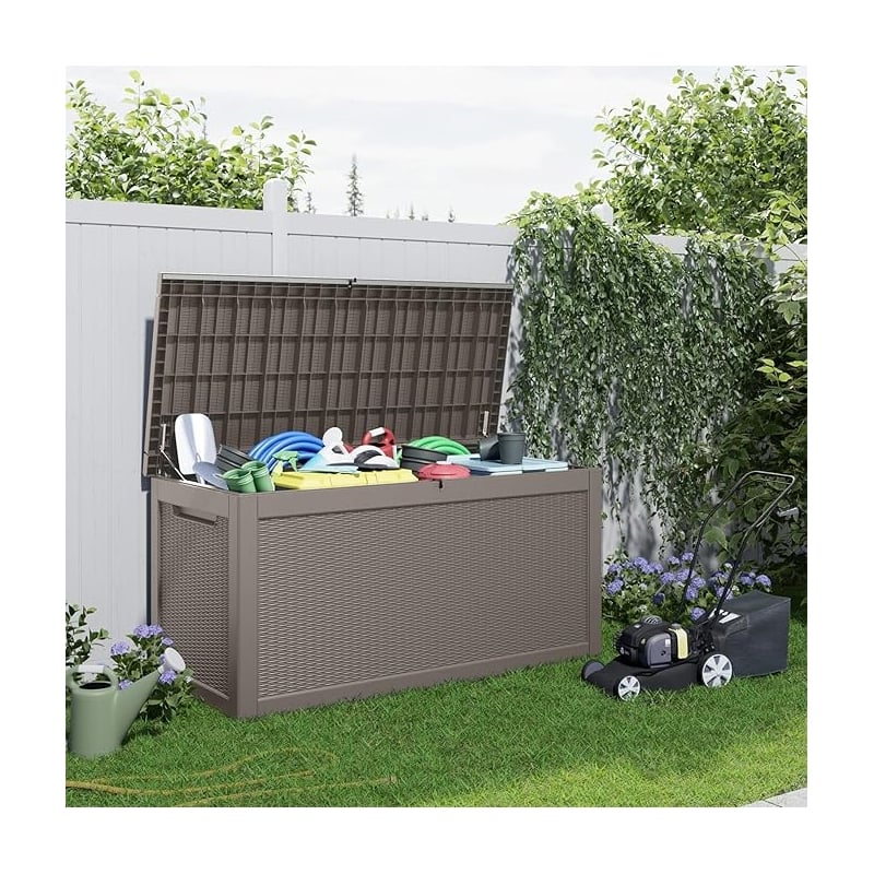 260-Gallon Outdoor Storage Box with Rattan Effect and Gas Spring-light coffee