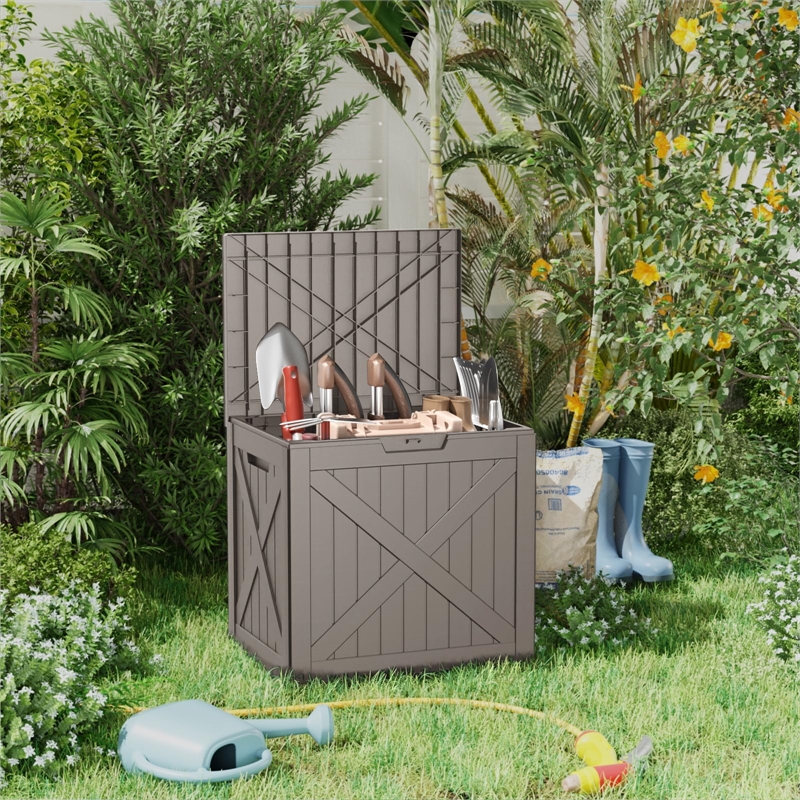 32-Gallon Weatherproof Outdoor Storage Box with Woodgrain Finish -light coffee