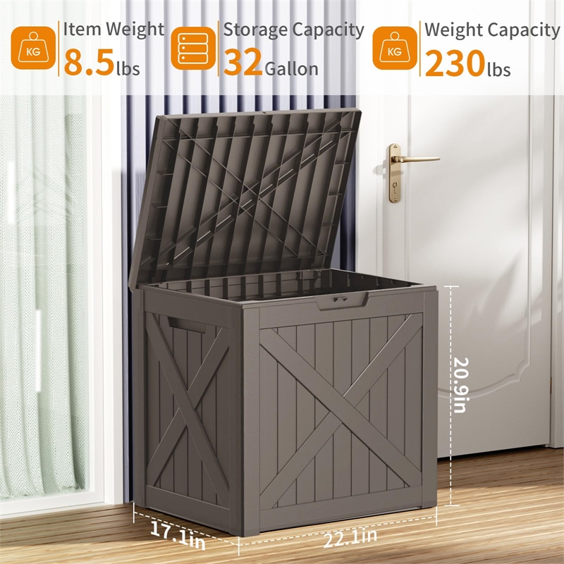 32-Gallon Weatherproof Outdoor Storage Box with Woodgrain Finish -light coffee