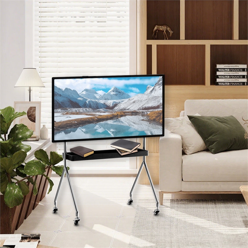 Mobile Multi-Functional Stainless Steel TV Stand with Rolling Casters - Black