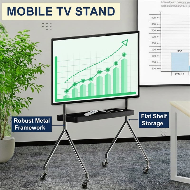 Mobile Multi-Functional Stainless Steel TV Stand with Rolling Casters - Black
