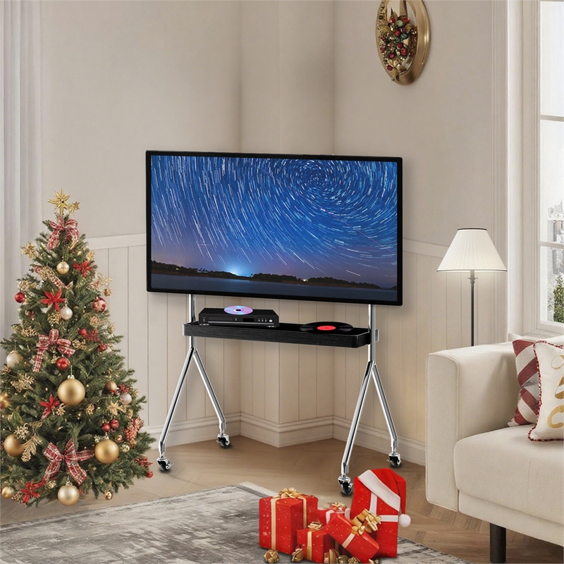 Mobile Multi-Functional Stainless Steel TV Stand with Rolling Casters - Black