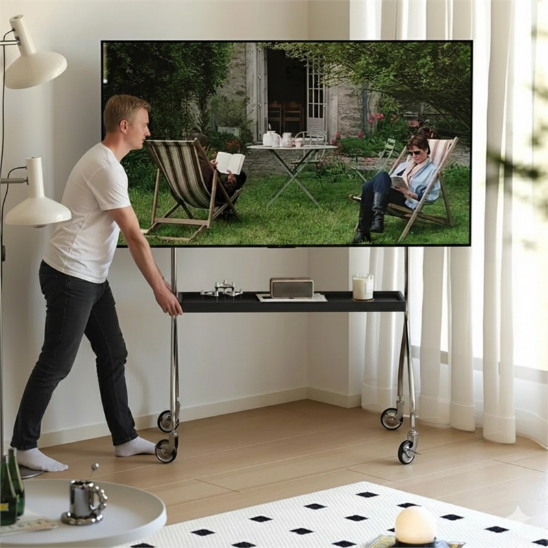 Mobile Multi-Functional Stainless Steel TV Stand with Rolling Casters - Black