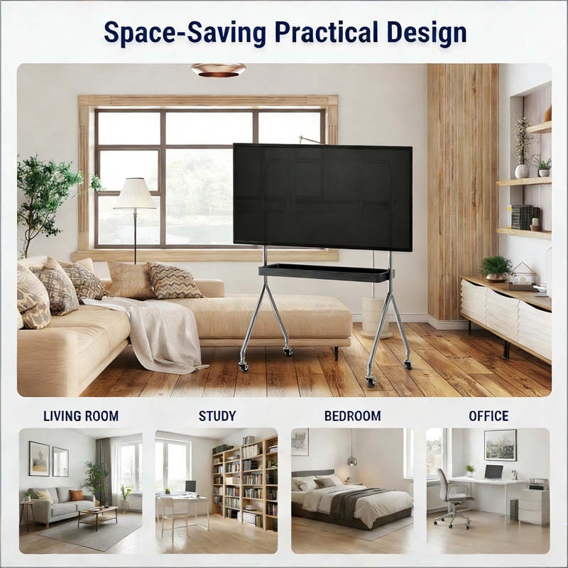 Mobile Multi-Functional Stainless Steel TV Stand with Rolling Casters - Black