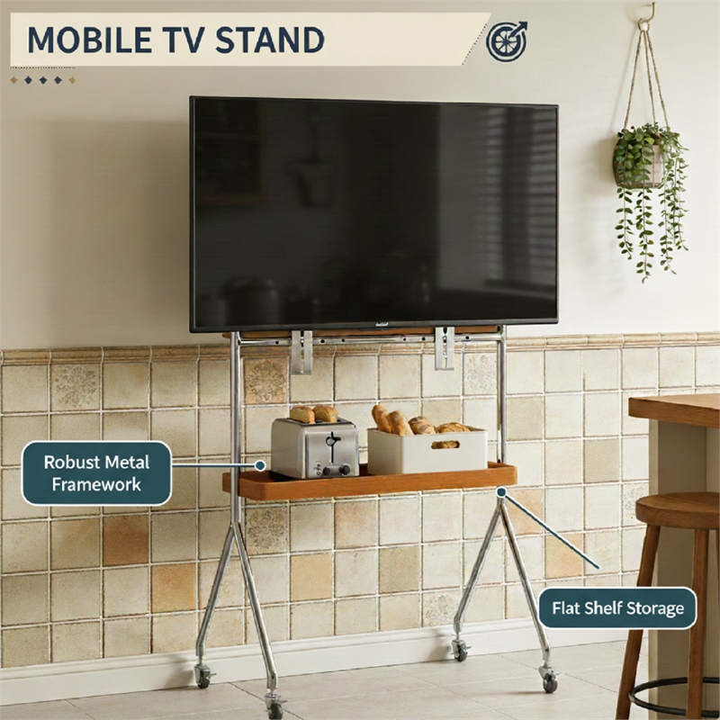 Mobile Multi-Functional Stainless Steel TV Stand with Rolling Casters - Amber