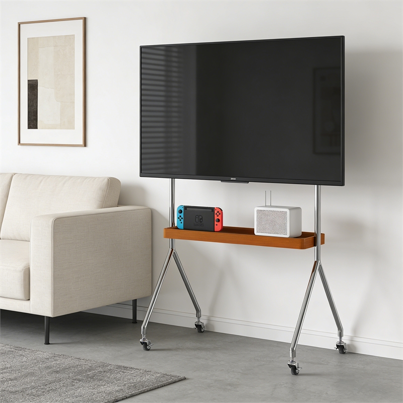 Mobile Multi-Functional Stainless Steel TV Stand with Rolling Casters - Amber