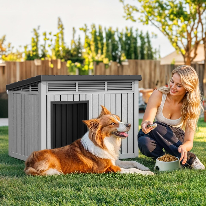 CRO Decor  Dog House  with Lockable Latch for Small to Medium Pets-GRAY