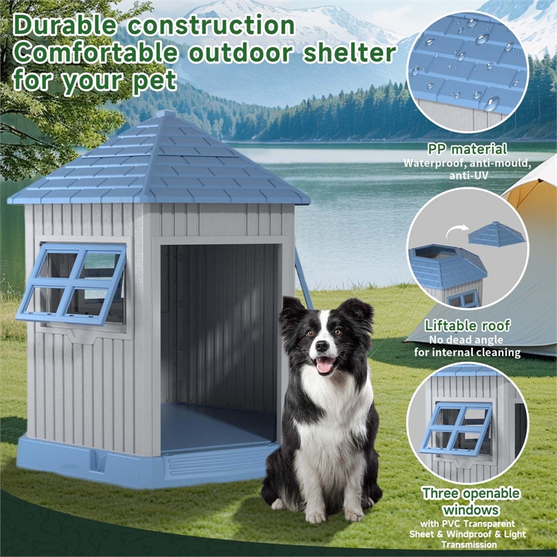 CRO Decor Dog House Indoor Outdoor Durable  for Small Medium Dogs-BULE