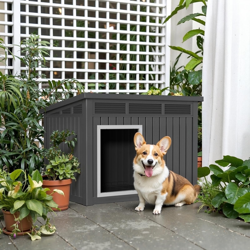 CRO Decor  Dog House  with Lockable Latch for Small to Medium Pets-BLACK