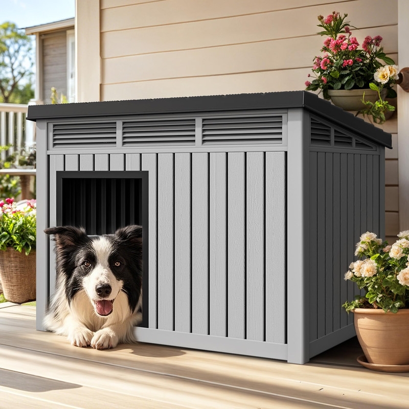 CRO Decor  Dog House  with Lockable Latch for Small to Medium Pets-GRAY