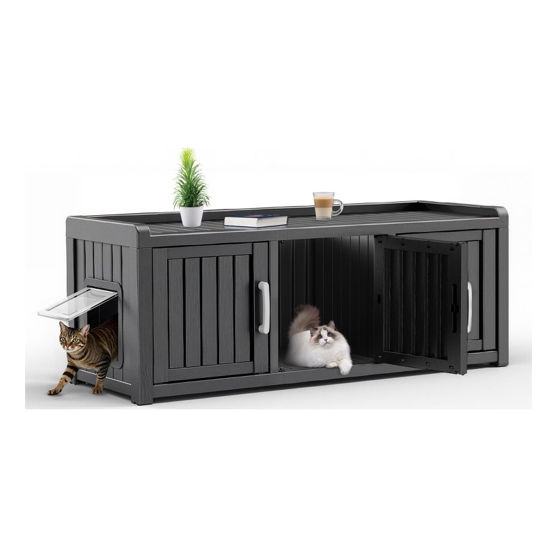 CRO Decor Resin Black Three-compartment Cat Cage Cat House Cat Bed -Blank