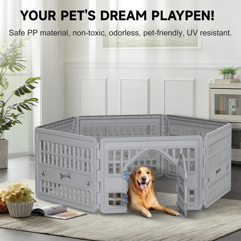 CRO Decor Resin Six-piece style Dog Playpen with Door-GRAY
