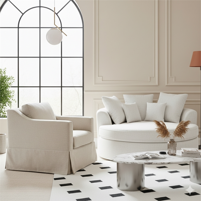 CRO Decor White Fabric Upholstered Sofa with Swivel Base Contemporary Armchair