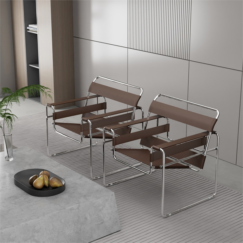 Saddle Leather Armchair Stainless Steel Frame Accent Chair - Brown