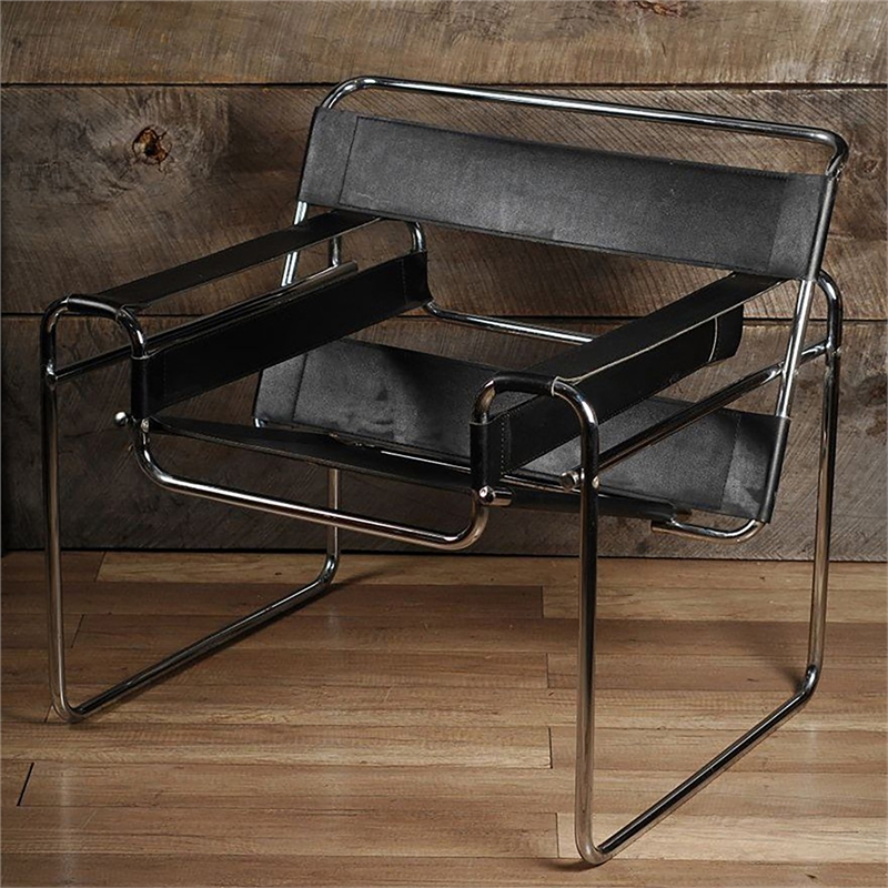 Saddle Leather Armchair Stainless Steel Frame Accent Chair - Black