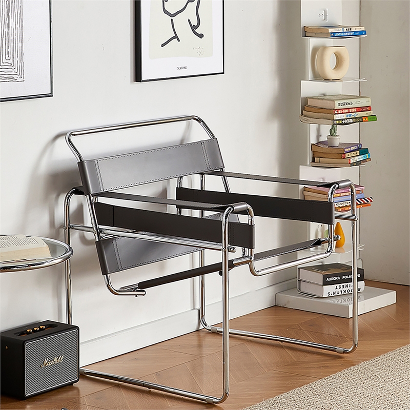 Saddle Leather Armchair Stainless Steel Frame Accent Chair - Black