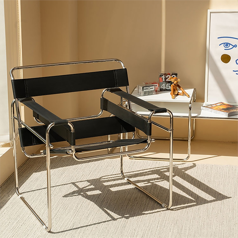 Saddle Leather Armchair Stainless Steel Frame Accent Chair - Black