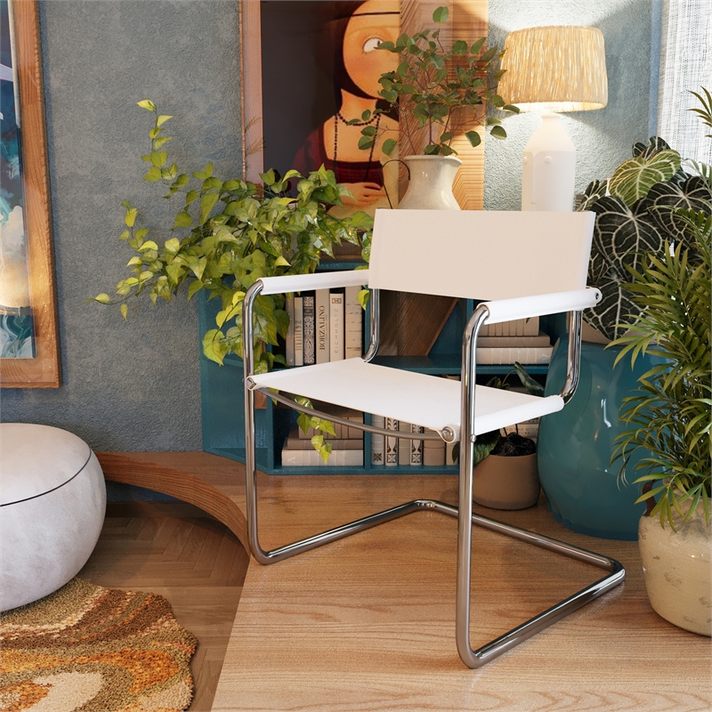 Saddle Leather Accent Chair Stainless Steel Arm Chair Dining Chair - White