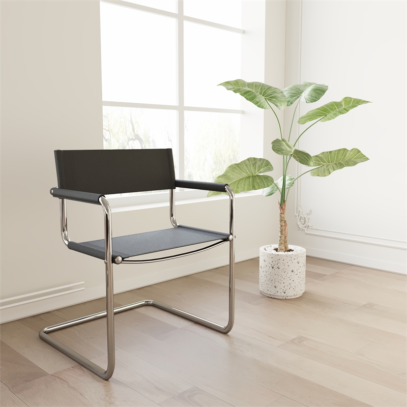 Saddle Leather Accent Chair Stainless Steel Arm Chair Dining Chair - Black