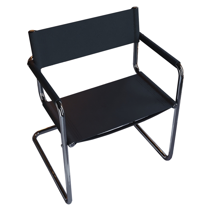 Saddle Leather Accent Chair Stainless Steel Arm Chair Dining Chair - Black