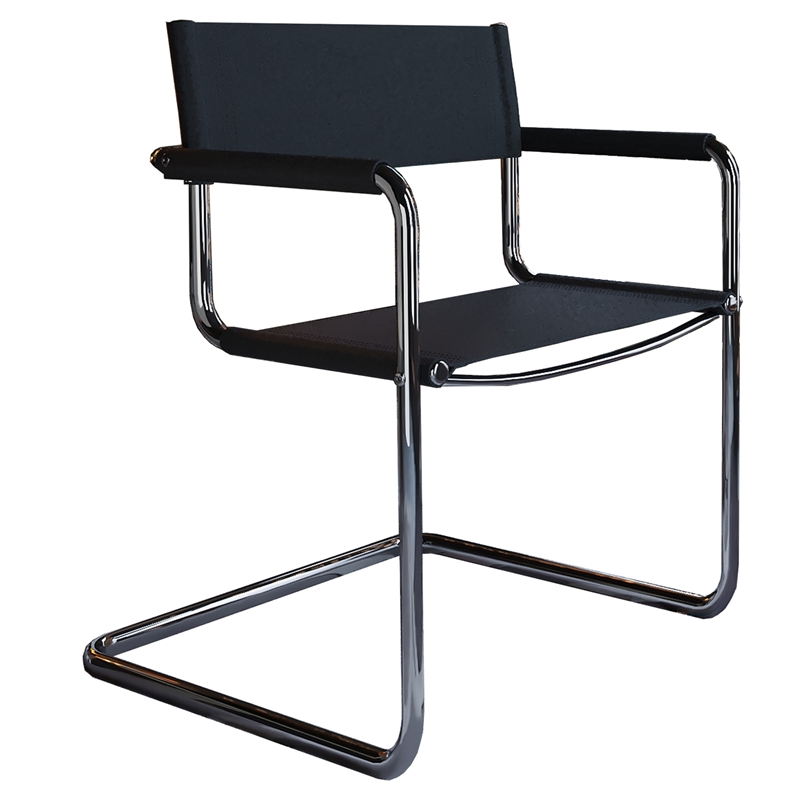 Saddle Leather Accent Chair Stainless Steel Arm Chair Dining Chair - Black