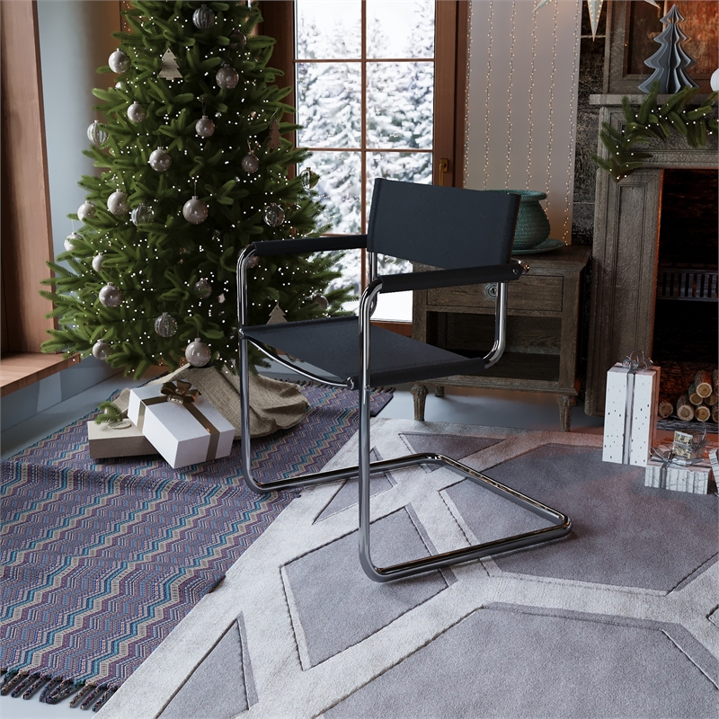 Saddle Leather Accent Chair Stainless Steel Arm Chair Dining Chair - Black