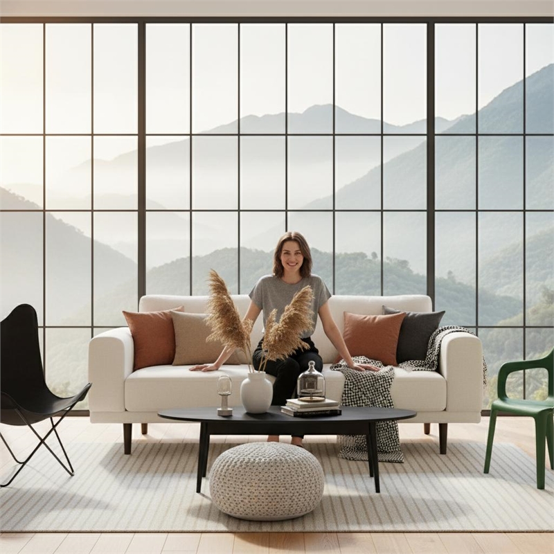 CRO Decor Modern Fabric Sofa Couch with Wooden Legs for Living Room  - White