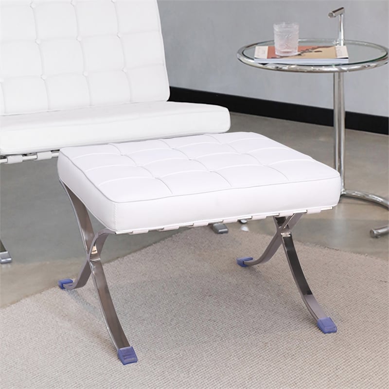 CRO Decor Modern Tufted Genuine Leather Ottoman Leisure Stool - White