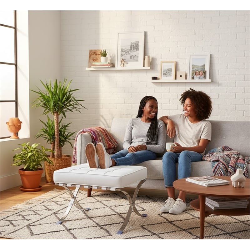 CRO Decor Modern Tufted Genuine Leather Ottoman Leisure Stool - White