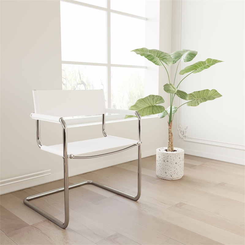Saddle Leather Accent Chair Stainless Steel Arm Chair - White - Set of 2